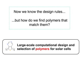 Now we know the design rules...

...but how do we find polymers that
           match them?




   Large-scale computational design and
   selection of polymers for solar cells
 