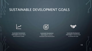 SUSTAINABLE DEVELOPMENT GOALS
Sustainable Development
Goal target 8: Decent Work
and Economic Growth
Sustainable Development
Goal target 9: Industry,
Innovation and Infrastructure
Sustainable Development
Goal target 17: Partnerships
to achieve the Goal
10
 