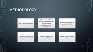 METHODOLOGY
What is home automation?
What are the different
ways of home automation?
(Sensors, mobile
application, voice
command)
Analysis for selecting the
protocol for IOT.
Problem in selecting the
accurate microcontroller.
Study of cloud and data
connectivity.
Study of different types of
sensors.
6
 