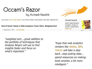 "weighted sort....great addition to
the portfolio of techniques that      "hope that web analytics
Analysis Ninja's will use to find
                                      vendors like Adobe, IBM,
insights faster and focus on
what's important."                    Yahoo! will take a step
                                      back...stop puking data...
                                      spend resources on making
                                      tools smarter, a bit more
                                      intelligent."
 