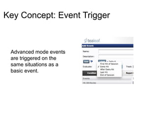 Key Concept: Event Trigger



 Advanced mode events
 are triggered on the
 same situations as a
 basic event.
 