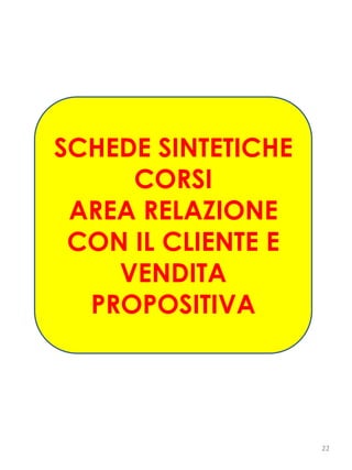 SCHEDE SINTETICHE
CORSI
AREA RELAZIONE
CON IL CLIENTE E
VENDITA
PROPOSITIVA
22
 