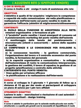 L’ASSISTENTE RETE (L’ISPETTORE VENDITE)
A CHI SI RIVOLGE
Il corso è rivolto a chi svolge il ruolo di assistenza alla rete
OBIETTIVO
L’obiettivo è quello di far acquisire / migliorare le competenze
e capacità sia nella comunicazione sia nella pianificazione e
realizzazione dell’intervento sul punto vendita in modo da
garantirne l’efficacia (obiettivi di miglioramento/allineamento)
CONTENUTI
IL RUOLO DELLA FUNZIONE DI ASSISTENZA ALLA RETE:
relazioni organizzative e formazione al pdv
 il “prodotto” punto vendita: i trend emergenti di consumo ed
il posizionamento marketing del punto vendita dell’azienda
 il monitoraggio della tenuta del posizionamento :
micromercato (clienti e concorrenti) - azione della squadra
di vendita
LE COMPETENZE E LE CONOSCENZE PER SVOLGERE IL
RUOLO:
a) le conoscenze tecniche - la gestione commerciale,
l’organizzazione del lavoro e il controllo economico del punto
vendita, la formazione del personale
b) le capacità organizzative e comunicative - lo sviluppo
dell’autorevolezza di ruolo: la comunicazione interpersonale,
la gestione dei conflitti, il lavoro di squadra; la gestione di un
progetto (pianificazione e controllo delle attività)
L’INTERVENTO SUL PUNTO VENDITA:
 linee guida per un’azione efficace
 la pianificazione e la realizzazione dell’intervento
DURATA
Il corso si sviluppa in 3 giornate + 1 giornata di follow up a
distanza di 15 gg per dar modo ai partecipanti di sviluppare
un piano di azione per i pdv loro affidati
STRUMENTI DIDATTICI
Lezione in aula – esercitazioni e risoluzione di casi aziendali –
mappe concettuali – design training
Note
il corso è adatto in particolare per le aziende medio-piccole non molto
strutturate o a quelle più grandi con la necessità di riqualificare il ruolo
30
 