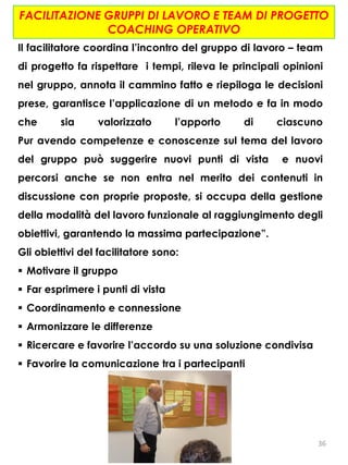 36
Il facilitatore coordina l’incontro del gruppo di lavoro – team
di progetto fa rispettare i tempi, rileva le principali opinioni
nel gruppo, annota il cammino fatto e riepiloga le decisioni
prese, garantisce l’applicazione di un metodo e fa in modo
che sia valorizzato l’apporto di ciascuno
Pur avendo competenze e conoscenze sul tema del lavoro
del gruppo può suggerire nuovi punti di vista e nuovi
percorsi anche se non entra nel merito dei contenuti in
discussione con proprie proposte, si occupa della gestione
della modalità del lavoro funzionale al raggiungimento degli
obiettivi, garantendo la massima partecipazione”.
Gli obiettivi del facilitatore sono:
 Motivare il gruppo
 Far esprimere i punti di vista
 Coordinamento e connessione
 Armonizzare le differenze
 Ricercare e favorire l’accordo su una soluzione condivisa
 Favorire la comunicazione tra i partecipanti
FACILITAZIONE GRUPPI DI LAVORO E TEAM DI PROGETTO
COACHING OPERATIVO
 