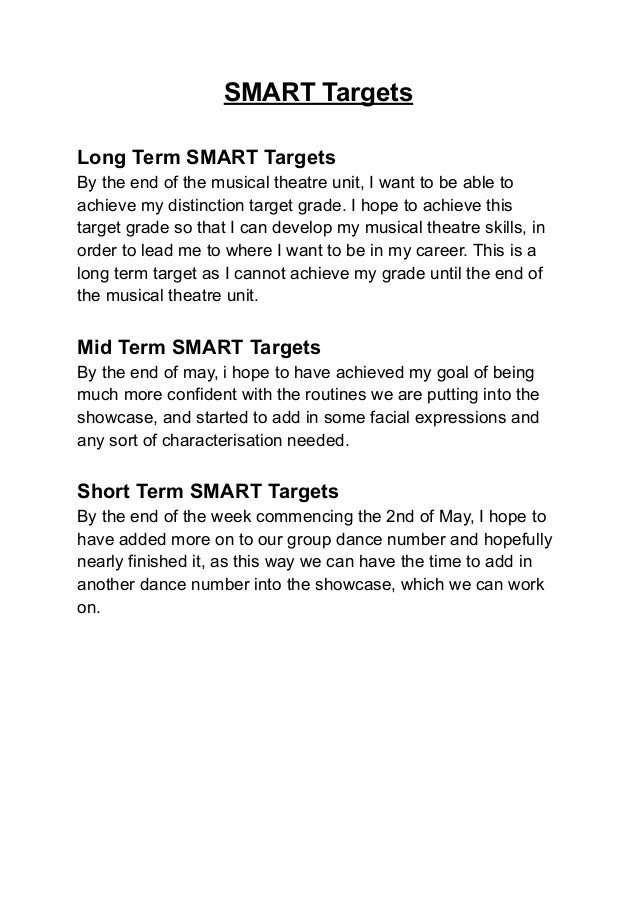 SMART Targets
Long Term SMART Targets
By the end of the musical theatre unit, I want to be able to
achieve my distinction target grade. I hope to achieve this
target grade so that I can develop my musical theatre skills, in
order to lead me to where I want to be in my career. This is a
long term target as I cannot achieve my grade until the end of
the musical theatre unit.
Mid Term SMART Targets
By the end of may, i hope to have achieved my goal of being
much more confident with the routines we are putting into the
showcase, and started to add in some facial expressions and
any sort of characterisation needed.
Short Term SMART Targets
By the end of the week commencing the 2nd of May, I hope to
have added more on to our group dance number and hopefully
nearly finished it, as this way we can have the time to add in
another dance number into the showcase, which we can work
on.
 