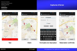 Captures d’écran
Taxi Client Formulaire de réservation Réservation confirmée
28/05/2014 1316 pages Développement d’une application Android Smart Taxi
Etude de l’existant
Spécification des besoins
Solution proposée
Conception
Réalisation
Perspectives
 
