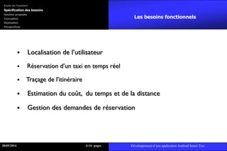 Les besoins fonctionnels
 Localisation de l’utilisateur
 Réservation d’un taxi en temps réel
 Traçage de l'itinéraire
 Estimation du coût, du temps et de la distance
 Gestion des demandes de réservation
28/05/2014 616 pages Développement d’une application Android Smart Taxi
Etude de l’existant
Spécification des besoins
Solution proposée
Conception
Réalisation
Perspectives
 
