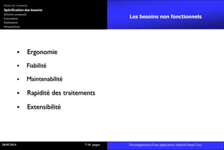 Les besoins non fonctionnels
 Ergonomie
 Fiabilité
 Maintenabilité
 Rapidité des traitements
 Extensibilité
28/05/2014 716 pages Développement d’une application Android Smart Taxi
Etude de l’existant
Spécification des besoins
Solution proposée
Conception
Réalisation
Perspectives
 
