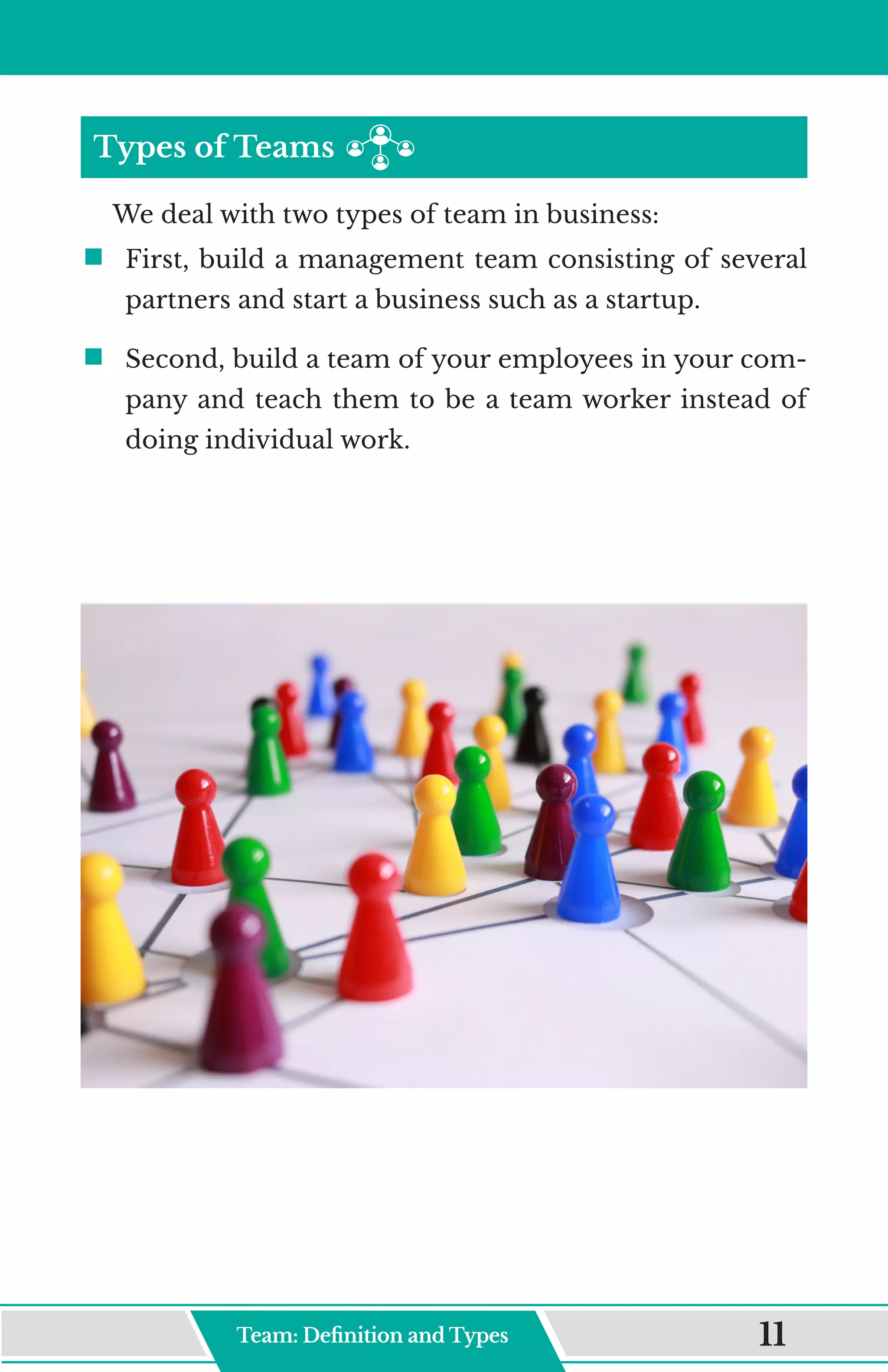 Types of Teams ‌‌
We deal with two types of team in business:
ƒ	
First, build a management team consisting of several
partners and start a business such as a startup.
ƒ	
Second, build a team of your employees in your com-
pany and teach them to be a team worker instead of
doing individual work.
Team: Definition and Type 11
 