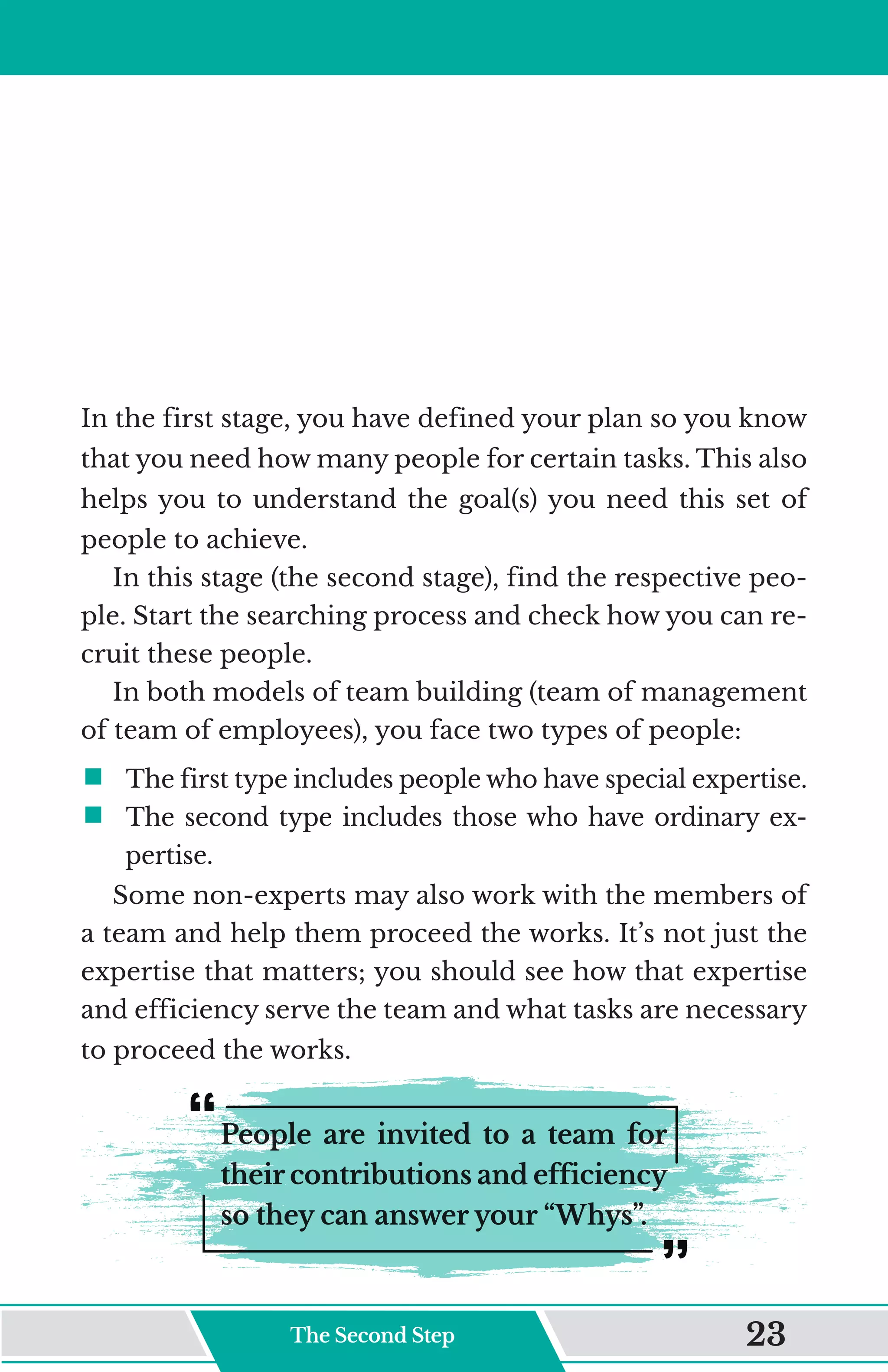 In the first stage, you have defined your plan so you know
that you need how many people for certain tasks. This also
helps you to understand the goal(s) you need this set of
people to achieve.
In this stage (the second stage), find the respective peo-
ple. Start the searching process and check how you can re-
cruit these people.
In both models of team building (team of management
of team of employees), you face two types of people:
ƒ	
The first type includes people who have special expertise.
ƒ	
The second type includes those who have ordinary ex-
pertise.
Some non-experts may also work with the members of
a team and help them proceed the works. It’s not just the
expertise that matters; you should see how that expertise
and efficiency serve the team and what tasks are necessary
to proceed the works.
People are invited to a team for
their contributions and efficiency
so they can answer your “Whys”.
The Second Step 23
 