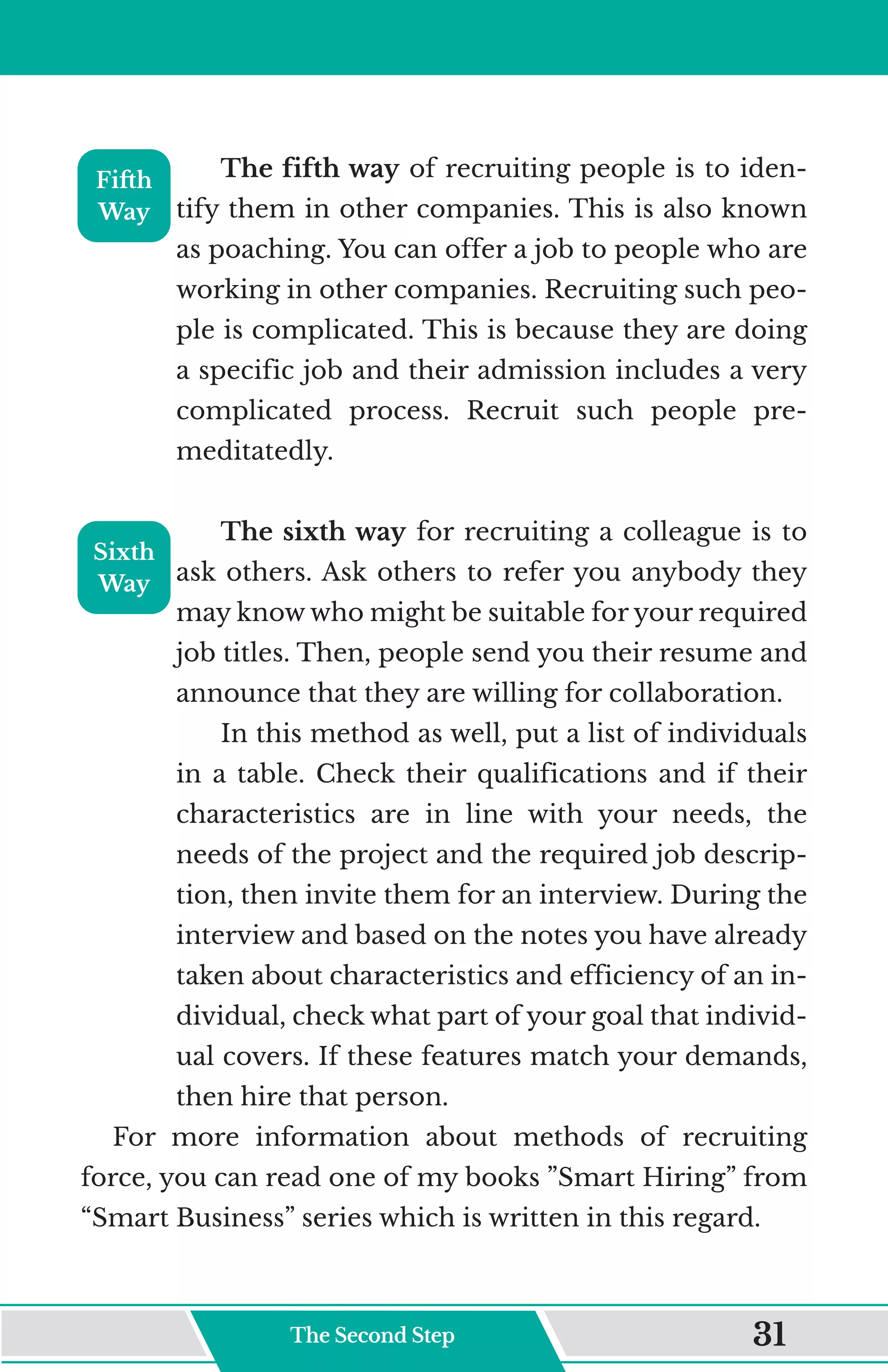 The fifth way of recruiting people is to iden-
tify them in other companies. This is also known
as poaching. You can offer a job to people who are
working in other companies. Recruiting such peo-
ple is complicated. This is because they are doing
a specific job and their admission includes a very
complicated process. Recruit such people pre-
meditatedly.
The sixth way for recruiting a colleague is to
ask others. Ask others to refer you anybody they
may know who might be suitable for your required
job titles. Then, people send you their resume and
announce that they are willing for collaboration.
In this method as well, put a list of individuals
in a table. Check their qualifications and if their
characteristics are in line with your needs, the
needs of the project and the required job descrip-
tion, then invite them for an interview. During the
interview and based on the notes you have already
taken about characteristics and efficiency of an in-
dividual, check what part of your goal that individ-
ual covers. If these features match your demands,
then hire that person.
For more information about methods of recruiting
force, you can read one of my books ”Smart Hiring” from
“Smart Business” series which is written in this regard.
Fifth
Way
Sixth
Way
The Second Step 31
 
