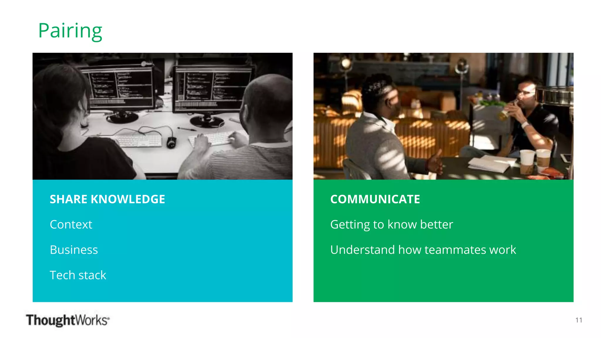 ©ThoughtWorks 2018 Commercial in Confidence
Pairing
11
SHARE KNOWLEDGE
Context
Business
Tech stack
COMMUNICATE
Getting to know better
Understand how teammates work
 