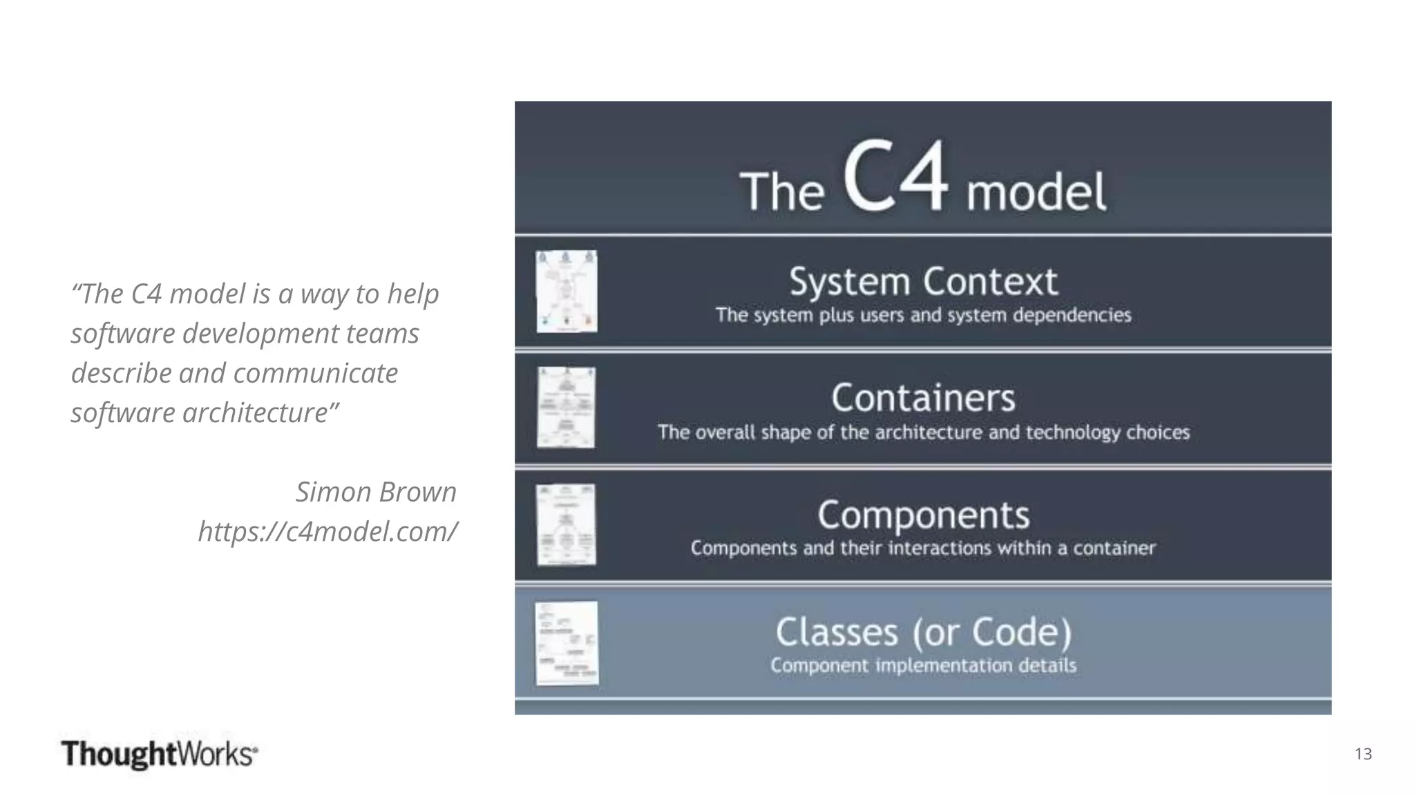 ©ThoughtWorks 2018 Commercial in Confidence
“The C4 model is a way to help
software development teams
describe and communicate
software architecture”
Simon Brown
https://c4model.com/
13
 