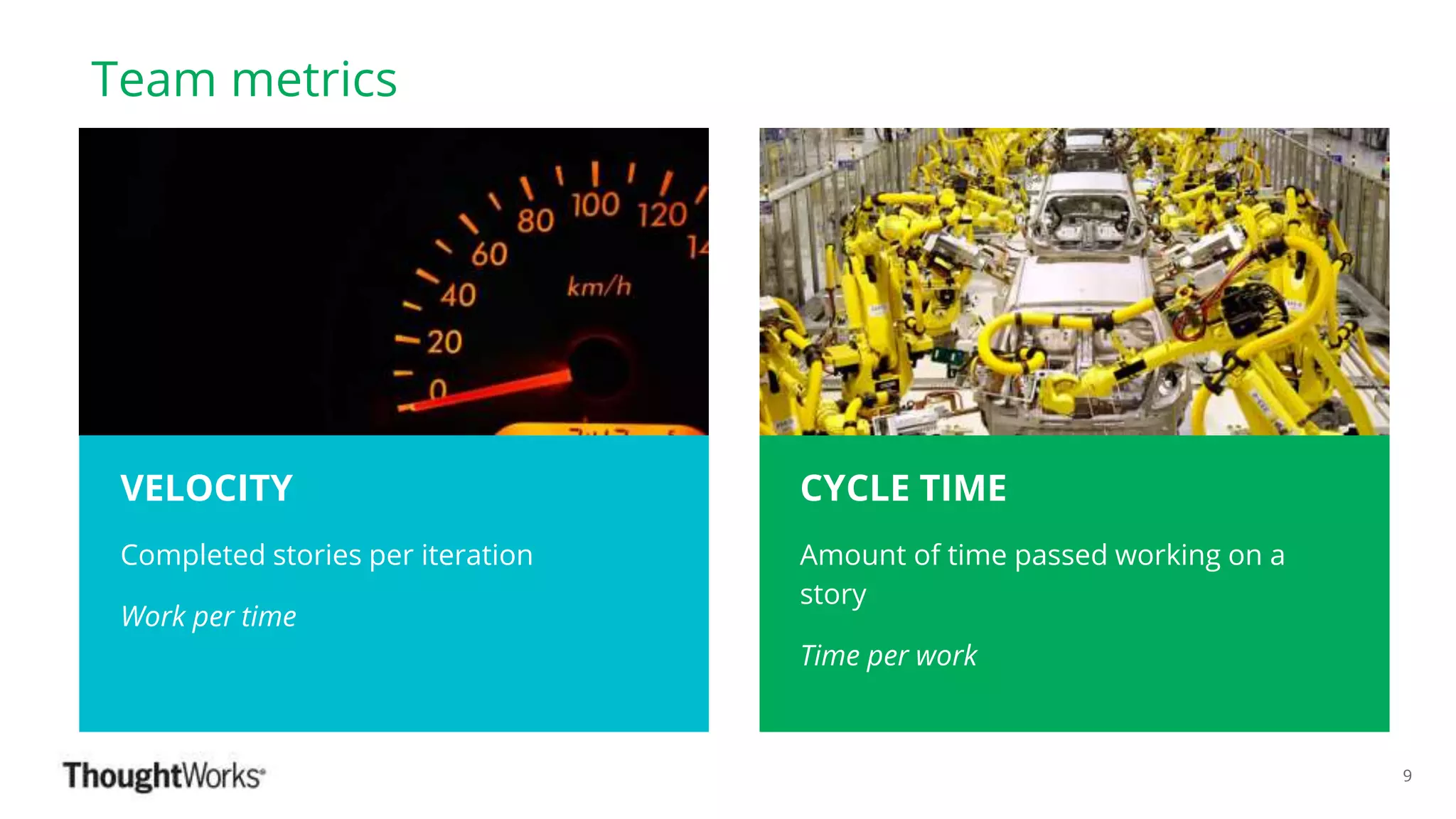 ©ThoughtWorks 2018 Commercial in Confidence
Team metrics
9
VELOCITY
Completed stories per iteration
Work per time
CYCLE TIME
Amount of time passed working on a
story
Time per work
 