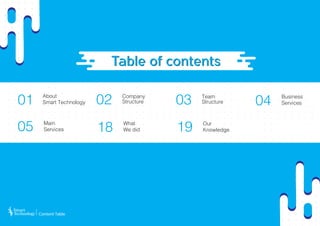 About
Smart Technology01 Company
Structure02 Team
Structure03 Business
Services04
Main
Services
What
We did
Our
Knowledge05 18 19
Content Table
 