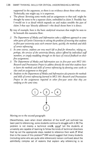 138 SMART THINKING: SKILLS FOR CRITICAL UNDERSTANDING & WRITING
supported in the argument, as there is no evidence about these other areas.
Technically, one might say, it is unproven.
c The phrase 'devoting some weeks and an assignment to that task' might be
thought by some to be a separate claim, embedded in claim 3. Possibly: but
I would see it as detail which expands on and makes sensible the part of
claim 3 that says 'directly addresses'—the detail shows how it is direct.
By way of example, here is the basic analytical structure that might be seen to
lie beneath this narrative flow:
2. The Department of Media and Information takes a different approach to some
otherparts ofCurtin University in solving theproblem of ensuring that students
in first-year university units each semester learn, quickly, the methods and skills
of correct referencing.
1. In some courses, students are very much left to fend for themselves, relying on,
perhaps, the services of the university library, advice offered by individual staff
members, or simply muddling through on the basis of criticalfeedback on their
first assignments.
3. The Department of Media and Information uses itsfirst-yearunit MCI 101:
Research and Presentation Project to address directly the need that students have
to learn the methods and skills of correct referencing by devoting some weeks in
class and an assignment to that goal.
4. Students in the Department of Media and Information also practise the methods
and skills of correct referencing learned in MCI 101: Research and Presentation
Project in the assignments required in other first-year units that they are
studying at the same time.
©
Moving on to the second paragraph:
[Nevertheless, even when direct attention of the kindd
just outlined has
been paid to referencing, some students continue to struggle with it.]5 [The
problem is not merely a technical one]6, sincee
[all the students at
university are capable of learning to follow the kinds of technical directions
that lay out the appropriate steps needed to reference their work.]7 What
then is the cause of this problem?' DM I would suggest that [many students
(including some who are quite able referencers) remain confused about the
admittedly complex set of reasons that explain why referencing is so
 