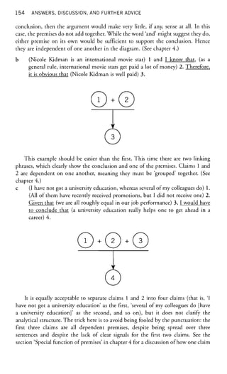 154 ANSWERS, DISCUSSION, AND FURTHER ADVICE
conclusion, then the argument would make very little, if any, sense at all. In this
case, the premises do not add together. While the word 'and' might suggest they do,
either premise on its own would be sufficient to support the conclusion. Hence
they are independent of one another in the diagram. (See chapter 4.)
b (Nicole Kidman is an international movie star) 1 and I know that, (as a
general rule, international movie stars get paid a lot of money) 2. Therefore,
it is obvious that (Nicole Kidman is well paid) 3.
©*©
Y
©
This example should be easier than the first. This time there are two linking
phrases, which clearly show the conclusion and one of the premises. Claims 1 and
2 are dependent on one another, meaning they must be 'grouped' together. (See
chapter 4.)
c (I have not got a university education, whereas several of my colleagues do) 1.
(All of them have recently received promotions, but I did not receive one) 2.
Given that (we are all roughly equal in our job performance) 3, I would have
to conclude that (a university education really helps one to get ahead in a
career) 4.
Y
0
It is equally acceptable to separate claims 1 and 2 into four claims (that is, 'I
have not got a university education' as the first, 'several of my colleagues do [have
a university education]' as the second, and so on), but it does not clarify the
analytical structure. The trick here is to avoid being fooled by the punctuation: the
first three claims are all dependent premises, despite being spread over three
sentences and despite the lack of clear signals for the first two claims. See the
section 'Special function of premises' in chapter 4 for a discussion of how one claim
 