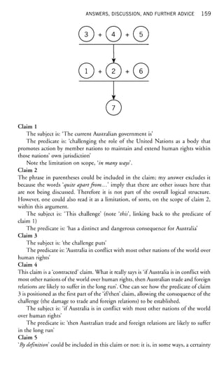 ANSWERS, DISCUSSION, AND FURTHER ADVICE 1 5 9
+ +
+
Y
+
*-J
—
Claim 1
The subject is: 'The current Australian government is'
The predicate is: 'challenging the role of the United Nations as a body that
promotes action by member nations to maintain and extend human rights within
those nations' own jurisdiction'
Note the limitation on scope, 'in many ways .
Claim 2
The phrase in parentheses could be included in the claim; my answer excludes it
because the words 'quite apartfrom...' imply that there are other issues here that
are not being discussed. Therefore it is not part of the overall logical structure.
However, one could also read it as a limitation, of sorts, on the scope of claim 2,
within this argument.
The subject is: 'This challenge' (note 'this, linking back to the predicate of
claim 1)
The predicate is: 'has a distinct and dangerous consequence for Australia'
Claim 3
The subject is: 'the challenge puts'
The predicate is: Australia in conflict with most other nations of the world over
human rights'
Claim 4
This claim is a 'contracted' claim. What it really says is 'if Australia is in conflict with
most other nations of the world over human rights, then Australian trade and foreign
relations are likely to suffer in the long run'. One can see how the predicate of claim
3 is positioned as the first part of the 'if/then' claim, allowing the consequence of the
challenge (the damage to trade and foreign relations) to be established.
The subject is: 'if Australia is in conflict with most other nations of the world
over human rights'
The predicate is: 'then Australian trade and foreign relations are likely to suffer
in the long run'
Claim 5
'By definition could be included in this claim or not: it is, in some ways, a certainty
 