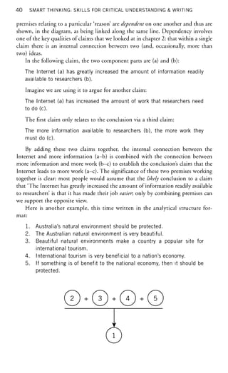 40 SMART THINKING: SKILLS FOR CRITICAL UNDERSTANDING & WRITING
premises relating to a particular 'reason' are dependent on one another and thus are
shown, in the diagram, as being linked along the same line. Dependency involves
one of the key qualities of claims that we looked at in chapter 2: that within a single
claim there is an internal connection between two (and, occasionally, more than
two) ideas.
In the following claim, the two component parts are (a) and (b):
The Internet (a) has greatly increased the amount of information readily
available to researchers (b).
Imagine we are using it to argue for another claim:
The Internet (a) has increased the amount of work that researchers need
to do (c).
The first claim only relates to the conclusion via a third claim:
The more information available to researchers (b), the more work they
must do (c).
By adding these two claims together, the internal connection between the
Internet and more information (a-b) is combined with the connection between
more information and more work (b—c) to establish the conclusion's claim that the
Internet leads to more work (a—c). The significance of these two premises working
together is clear: most people would assume that the likely conclusion to a claim
that 'The Internet has greatly increased the amount of information readily available
to researchers' is that it has made their job easier; only by combining premises can
we support the opposite view.
Here is another example, this time written in the analytical structure for-
mat:
1. Australia's natural environment should be protected.
2. The Australian natural environment is very beautiful.
3. Beautiful natural environments make a country a popular site for
international tourism.
4. International tourism is very beneficial to a nation's economy.
5. If something is of benefit to the national economy, then it should be
protected.
Y
0
 