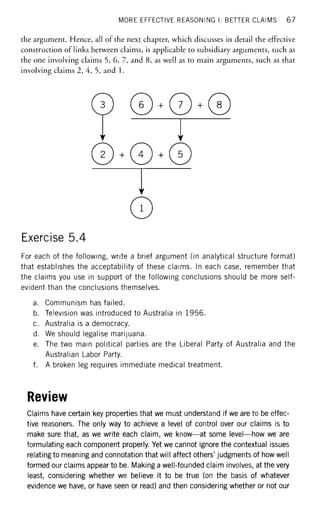 MORE EFFECTIVE REASONING I: BETTER CLAIMS 67
the argument. Hence, all of the next chapter, which discusses in detail the effective
construction of links between claims, is applicable to subsidiary arguments, such as
the one involving claims 5, 6, 7, and 8, as well as to main arguments, such as that
involving claims 2, 4, 5, and 1.
6 + 7 + 8
Y
2 + 4 + 5
Y
1
Exercise 5.4
For each of the following, write a brief argument (in analytical structure format)
that establishes the acceptability of these claims. In each case, remember that
the claims you use in support of the following conclusions should be more self-
evident than the conclusions themselves.
a. Communism has failed.
b. Television was introduced to Australia in 1 9 5 6 .
c. Australia is a democracy.
d. We should legalise marijuana.
e. The two main political parties are the Liberal Party of Australia and the
Australian Labor Party.
f. A broken leg requires immediate medical treatment.
Review
Claims have certain key properties that we must understand if we are to be effec-
tive reasoners. The only way to achieve a level of control over our claims is to
make sure that, as we write each claim, we know—at some level—how we are
formulating each component properly. Yet we cannot ignore the contextual issues
relating to meaning and connotation that will affect others' judgments of how well
formed our claims appear to be. Making a well-founded claim involves, at the very
least, considering whether we believe it to be true (on the basis of whatever
evidence we have, or have seen or read) and then considering whether or not our
 
