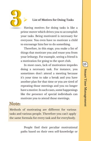 ¾	
List of Motives for Doing Tasks
Having motives for doing tasks is like a
prime mover which drives you to accomplish
your tasks. Being motivated is necessary for
everyone. You even have to motivate a child
to encourage him/her to do something.
Therefore, in this stage, you make a list of
things that motivate you and rouse you from
your lethargy. For example, seeing a friend is
a motivation for going to the sport club.
In most cases, lack of motivation impedes
doing a necessary task. For instance, you
sometimes don’t attend a meeting because
it’s your time to take a break and you have
another plan for that time or you are tired of
repeating those meetings and you no longer
have a motive. In such cases, some happenings
like the presence of special individuals can
motivate you to attend those meetings.
Note:
Note:
Methods of motivating are different for various
tasks and various people. Therefore you can’t apply
the same formula for every task and for everybody.
People find their peculiar motivational
paths based on their own self-knowledge or
Smart
Time
Management
15
 