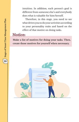 intuition. In addition, each person’s goal is
different from someone else’s and everybody
does what is valuable for him/herself.
Therefore, in this stage, you need to see
what drivesyou to doyouractivities according
to your personality traits and based on the
effect of that motive on doing tasks.
Notice:
Notice:
Make a list of motives for doing your tasks. Then,
create those motives for yourself when necessary.
Stages
of
Smart
Time
Management
Plan
16
 