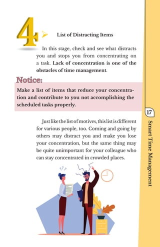 ¾	
List of Distracting Items
In this stage, check and see what distracts
you and stops you from concentrating on
a task. Lack of concentration is one of the
obstacles of time management.
Notice:
Notice:
Make a list of items that reduce your concentra-
tion and contribute to you not accomplishing the
scheduled tasks properly.
Justlikethelistofmotives,thislistisdifferent
for various people, too. Coming and going by
others may distract you and make you lose
your concentration, but the same thing may
be quite unimportant for your colleague who
can stay concentrated in crowded places.
Smart
Time
Management
17
 