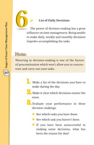 ¾	
List of Daily Decisions
The power of decision-making has a great
influence on time management. Being unable
to make daily, weekly and monthly decisions
impedes accomplishing the tasks.
Note:
Note:
Wavering in decision-making is one of the factors
of procrastination which won’t allow you to concen-
trate and carry out your tasks.
1.	
1.	Make a list of the decisions you have to
make during the day.
2.	
2.	Make it clear which decisions matter the
most.
3.	
3.	Evaluate your performance in these
decision-makings:
ƒ	
See which tasks you have done.
ƒ	
See which task you haven’t done.
ƒ	
If you have been unsuccessful in
making some decisions, what has
been the reason for that?
Stages
of
Smart
Time
Management
Plan
20
 