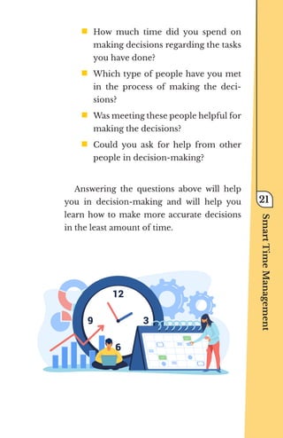 ƒ	
How much time did you spend on
making decisions regarding the tasks
you have done?
ƒ	
Which type of people have you met
in the process of making the deci-
sions?
ƒ	
Was meeting these people helpful for
making the decisions?
ƒ	
Could you ask for help from other
people in decision-making?
Answering the questions above will help
you in decision-making and will help you
learn how to make more accurate decisions
in the least amount of time.
Smart
Time
Management
21
 