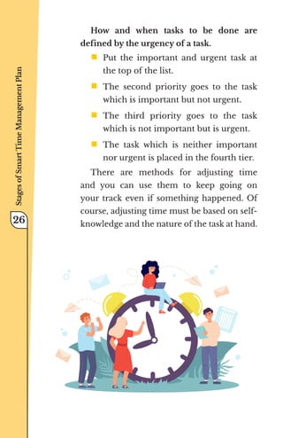 How and when tasks to be done are
defined by the urgency of a task.
ƒ	
Put the important and urgent task at
the top of the list.
ƒ	
The second priority goes to the task
which is important but not urgent.
ƒ	
The third priority goes to the task
which is not important but is urgent.
ƒ	
The task which is neither important
nor urgent is placed in the fourth tier.
There are methods for adjusting time
and you can use them to keep going on
your track even if something happened. Of
course, adjusting time must be based on self-
knowledge and the nature of the task at hand.
Stages
of
Smart
Time
Management
Plan
26
 
