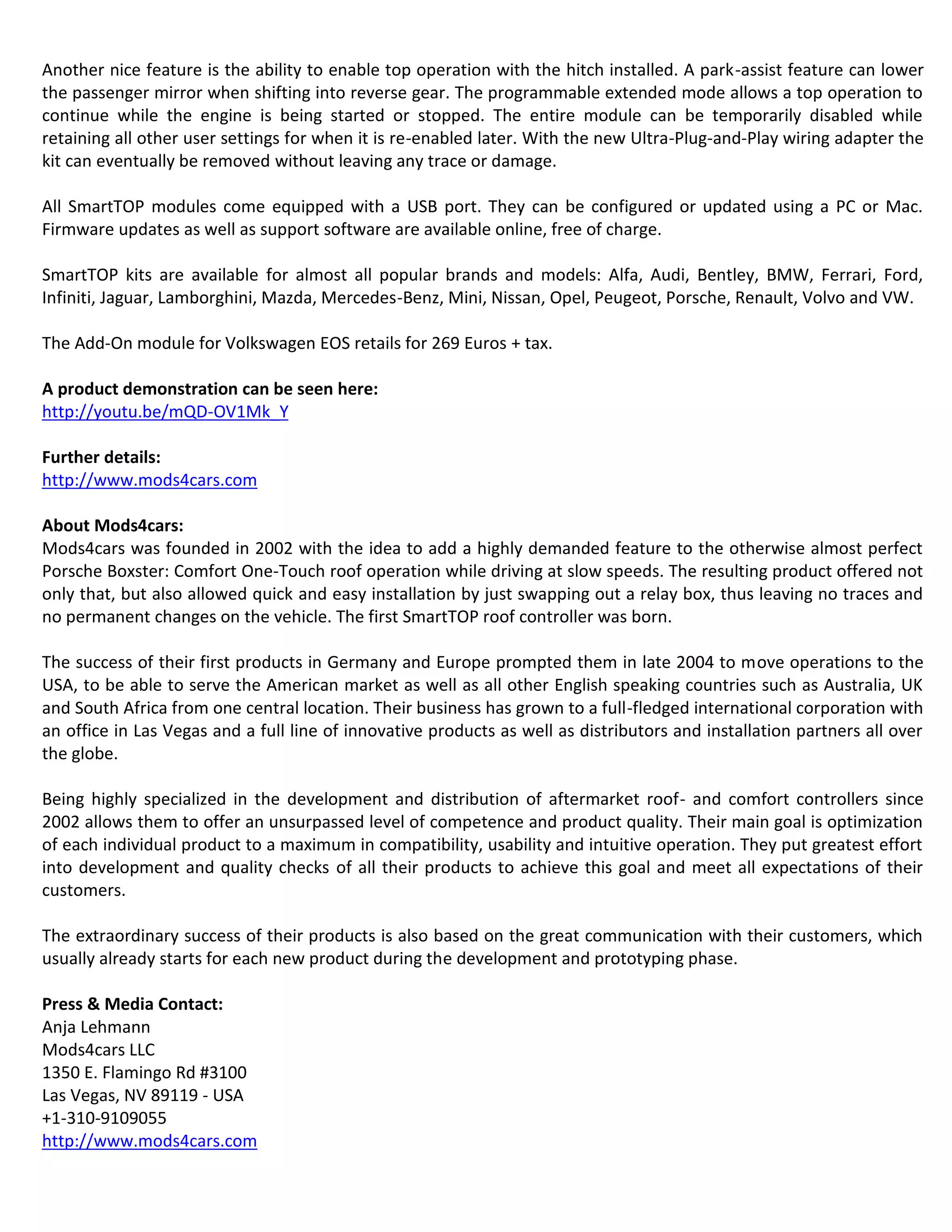 SmartTOP Add-On Convertible Top Controller for VW EOS Now with Ultra ...