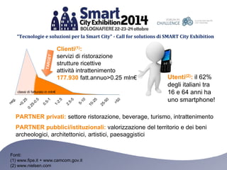 “Tecnologie e soluzioni per la Smart City” - Call for solutions di SMART City Exhibition 
classi di fatturato in mln€ 
Clienti(1): 
servizi di ristorazione 
strutture ricettive 
attività intrattenimento 
177.930 fatt.annuo>0.25 mln€ Utenti(2): il 62% 
degli italiani tra 
16 e 64 anni ha 
uno smartphone! 
PARTNER privati: settore ristorazione, beverage, turismo, intrattenimento 
PARTNER pubblici/istituzionali: valorizzazione del territorio e dei beni 
archeologici, architettonici, artistici, paesaggistici 
Fonti: 
(1) www.fipe.it + www.camcom.gov.it 
(2) www.nielsen.com 
 