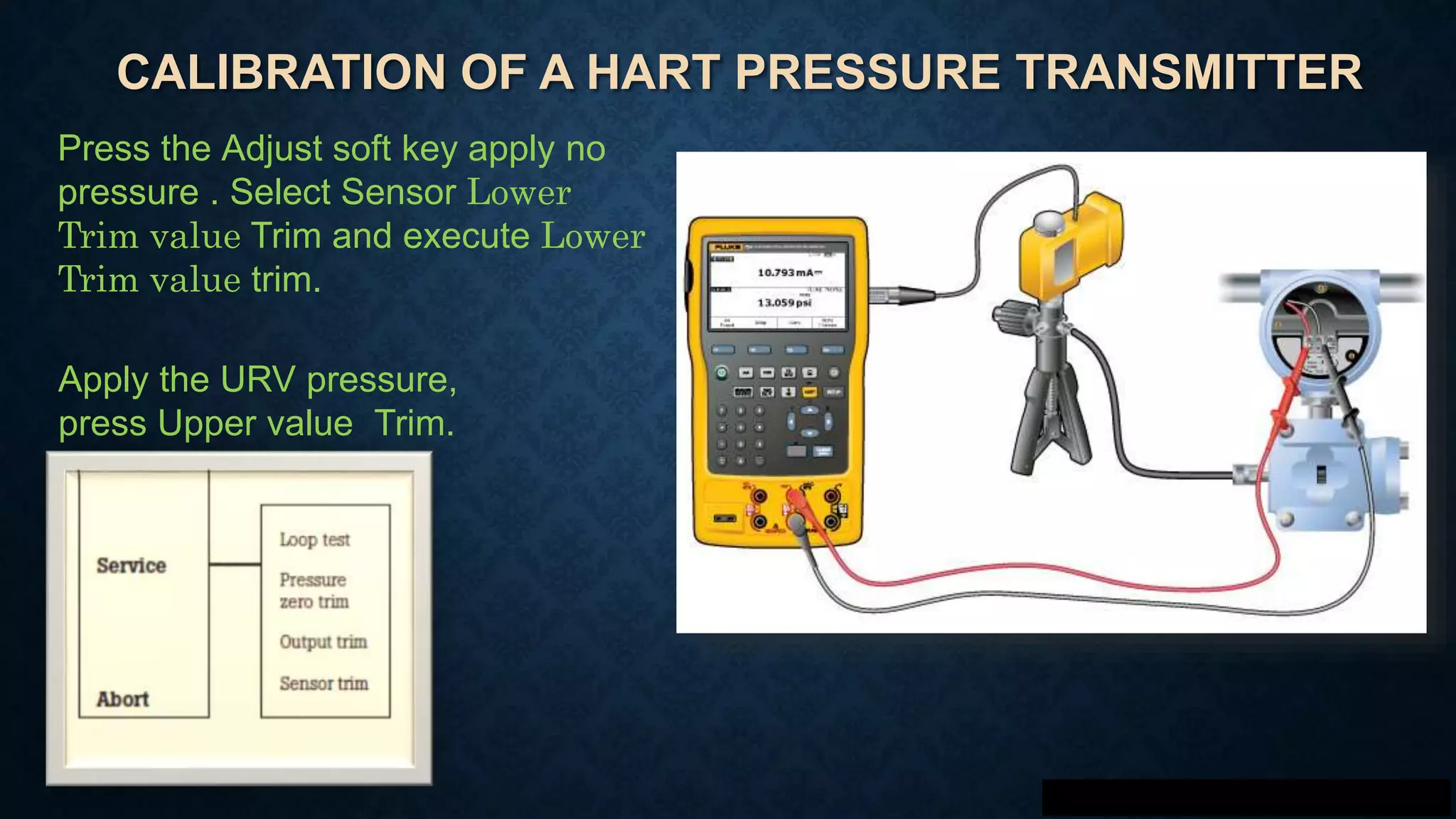 CALIBRATION OF A HART PRESSURE TRANSMITTER
Press the Adjust soft key apply no
pressure . Select Sensor Lower
Trim value Trim and execute Lower
Trim value trim.
Apply the URV pressure,
press Upper value Trim.
 