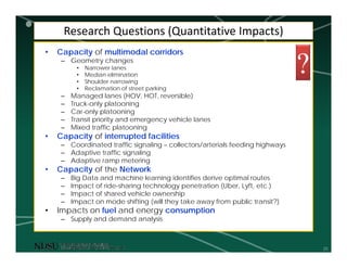 25
Research Questions (Quantitative Impacts)
• Capacity of multimodal corridors
– Geometry changes
• Narrower lanes
• Median elimination
• Shoulder narrowing
• Reclamation of street parking
– Managed lanes (HOV, HOT, reversible)
– Truck-only platooning
– Car-only platooning
– Transit priority and emergency vehicle lanes
– Mixed traffic platooning
• Capacity of interrupted facilities
– Coordinated traffic signaling – collectors/arterials feeding highways
– Adaptive traffic signaling
– Adaptive ramp metering
• Capacity of the Network
– Big Data and machine learning identifies derive optimal routes
– Impact of ride-sharing technology penetration (Uber, Lyft, etc.)
– Impact of shared vehicle ownership
– Impact on mode shifting (will they take away from public transit?)
• Impacts on fuel and energy consumption
– Supply and demand analysis
?
 