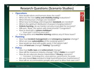 26
Research Questions (Scenario Studies)
• Operations
– How would robots and humans share the road?
– What are the new safety and reliability testing evaluations?
– What infrastructure changes are needed?
– What new technology and integration standards are needed?
– What is the optimum distribution of power/charging stations?
– Vehicle hacking: do we harden security or just plan for recovery?
– Will users ‘flood’ the system with trivial errands? Congestion?
– How to deal with a system meltdown?
• Power grid? Communications grid?
– Can big-data and machine learning address any of these issues?
• Planning
– How must incident management and emergency response change?
– What are new vulnerabilities of the evolving system?
– How would we deal with public panic if the system fails?
– How will land-use change? Parking? Sprawling?
• Policy
– How must traffic laws and enforcement change?
– How will the insurance industry change? Who is liable in a crash?
– How do we educate diverse stakeholders? Privacy concerns?
• Carmakers, technology firms, urban planners, governments, the public
– Are user-based fees needed to help fund infrastructure maintenance?
– How will we accommodate people who want to drive their own cars?
?
 