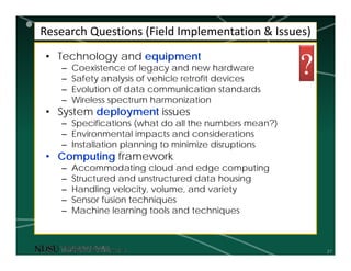 27
Research Questions (Field Implementation & Issues)
• Technology and equipment
– Coexistence of legacy and new hardware
– Safety analysis of vehicle retrofit devices
– Evolution of data communication standards
– Wireless spectrum harmonization
• System deployment issues
– Specifications (what do all the numbers mean?)
– Environmental impacts and considerations
– Installation planning to minimize disruptions
• Computing framework
– Accommodating cloud and edge computing
– Structured and unstructured data housing
– Handling velocity, volume, and variety
– Sensor fusion techniques
– Machine learning tools and techniques
?
 