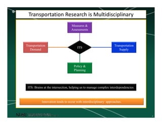 4
Transportation Research is Multidisciplinary
Transportation
Demand
Transportation
Supply
Measures &
Assessments
Policy &
Planning
ITS
Innovation tends to occur with interdisciplinary approaches.
ITS: Brains at the intersection, helping us to manage complex interdependencies.
 