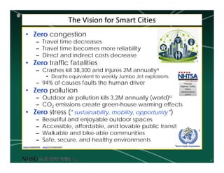 9
The Vision for Smart Cities
• Zero congestion
– Travel time decreases
– Travel time becomes more reliability
– Direct and indirect costs decrease
• Zero traffic fatalities
– Crashes kill 38,300 and injures 2M annuallya
• Deaths equivalent to weekly Jumbo Jet explosions
– 94% of causes faults the human driver
• Zero pollution
– Outdoor air pollution kills 3.2M annually (world)b
– CO2 emissions create green-house warming effects
• Zero stress (“sustainability, mobility, opportunity”)
– Beautiful and enjoyable outdoor spaces
– Accessible, affordable, and lovable public transit
– Walkable and bike-able communities
– Safe, secure, and healthy environments
1
Source 1: Siradel (2016)
aNational
Highway Traffic
Safety
Administration
(2015)
Source 2: UT Austin (2015)
2
bb
 