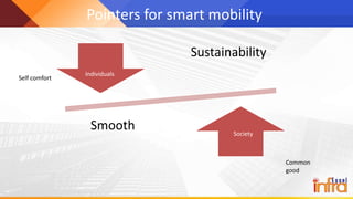 Pointers for smart mobility
Sustainability
Smooth
Individuals
Society
Self comfort
Common
good
 