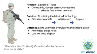 “Operators Need to Identify Casualties Quickly because
lives are at stake.”
Problem: Battlefield Triage
● Correct info, correct person, correct time
- (Hands free and on demand)
Solution: Combining the latest IoT technology
● Biometric wearable AI (Watson) Display
Differentiation: Seamless everyday wear biometric patch
● Automated triage Assist
● Low workload display
 