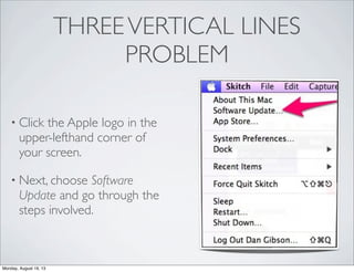 THREEVERTICAL LINES
PROBLEM
• Click the Apple logo in the
upper-lefthand corner of
your screen.
• Next, choose Software
Update and go through the
steps involved.
Monday, August 19, 13
 
