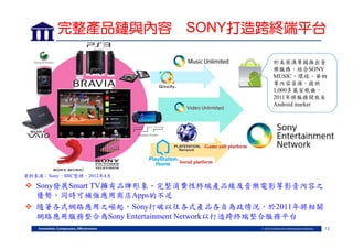 完整產品鏈與內容 SONY打造跨終端平台
於美英澳等國推出音
樂服務，結合SONY
MUSIC、環球、華納
等內容資源，提供
1,000多萬首歌曲，
2011年將服務開放至
Android market

Game soft platform
Social platform
資料來源：Sony，MIC整理，2012年4月

 Sony發展Smart TV擁有品牌形象、完整消費性終端產品線及音樂電影等影音內容之
優勢，同時可補強應用商店Apps的不足
 隨著各式網路應用之崛起，Sony打破以往各式產品各自為政情況，於2011年將相關
網路應用服務整合為Sony Entertainment Network以打造跨終端整合服務平台
12

 