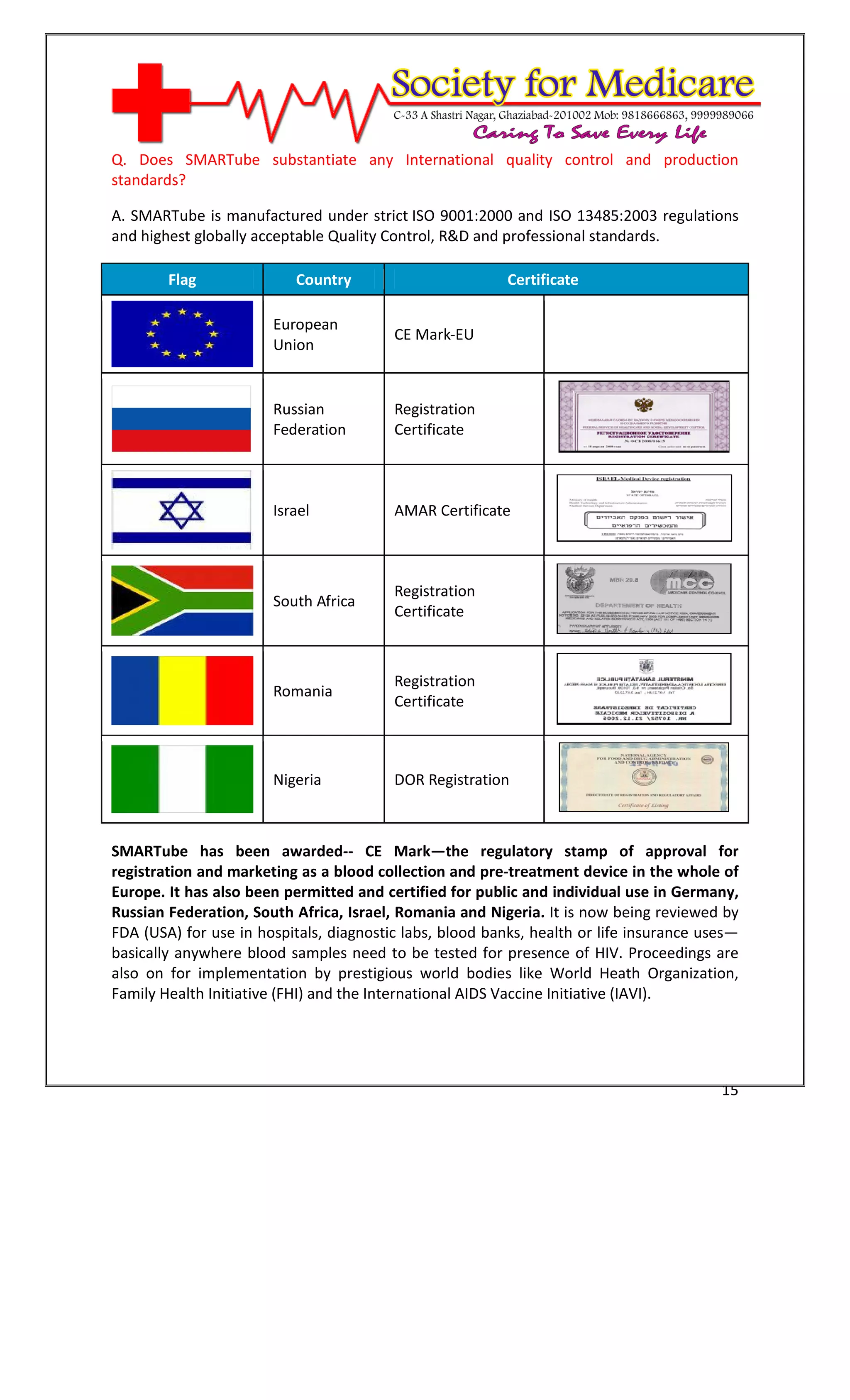 [Type text]




Q. Does SMARTube substantiate any International quality control and production
standards?

A. SMARTube is manufactured under strict ISO 9001:2000 and ISO 13485:2003 regulations
and highest globally acceptable Quality Control, R&D and professional standards.

        Flag               Country                        Certificate

                       European
                                         CE Mark-EU
                       Union


                       Russian           Registration
                       Federation        Certificate



                       Israel            AMAR Certificate



                                         Registration
                       South Africa
                                         Certificate



                                         Registration
                       Romania
                                         Certificate



                       Nigeria           DOR Registration



SMARTube has been awarded-- CE Mark—the regulatory stamp of approval for
registration and marketing as a blood collection and pre-treatment device in the whole of
Europe. It has also been permitted and certified for public and individual use in Germany,
Russian Federation, South Africa, Israel, Romania and Nigeria. It is now being reviewed by
FDA (USA) for use in hospitals, diagnostic labs, blood banks, health or life insurance uses—
basically anywhere blood samples need to be tested for presence of HIV. Proceedings are
also on for implementation by prestigious world bodies like World Heath Organization,
Family Health Initiative (FHI) and the International AIDS Vaccine Initiative (IAVI).




                                                                                         15
 