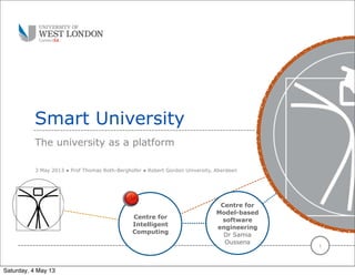 Centre for
Intelligent
Computing
Smart University
The university as a platform
1
3 May 2013 ● Prof Thomas Roth-Berghofer ● Robert Gordon University, Aberdeen
Centre for
Model-based
software
engineering
Dr Samia
Oussena
Saturday, 4 May 13
 