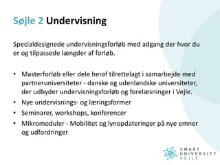 Søjle 2 Undervisning
Specialdesignede undervisningsforløb med adgang der hvor du
er og tilpassede længder af forløb.
• Masterforløb eller dele heraf tilrettelagt i samarbejde med
partneruniversiteter - danske og udenlandske universiteter,
der udbyder undervisningsforløb og forelæsninger i Vejle.
• Nye undervisnings- og læringsformer
• Seminarer, workshops, konferencer
• Mikromoduler - Mobilitet og lynopdateringer på nye emner
og udfordringer
 