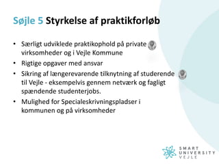 Søjle 5 Styrkelse af praktikforløb
• Særligt udviklede praktikophold på private
virksomheder og i Vejle Kommune
• Rigtige opgaver med ansvar
• Sikring af længerevarende tilknytning af studerende
til Vejle - eksempelvis gennem netværk og fagligt
spændende studenterjobs.
• Mulighed for Specialeskrivningspladser i
kommunen og på virksomheder
 