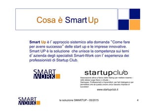 la soluzione SMARTUP - 05/2015 4
Cosa è SmartUp
Smart Up è l’approccio sistemico alla domanda “Come fare
per avere successo” delle start up e le imprese innovative.
Smart UP è la soluzione che unisce la competenza sui temi
d’azienda degli specialisti Smart-Work con l’esperienza dei
professionisti di Startup Club.
Associazione attiva a fianco delle Startup per mettere insieme –
nello stesso luogo fisico o virtuale –
Startupper, Professionisti e Imprenditori, per farli dialogare e per
permettere che da questa unione unica nascano imprese di
successo!
www.startupclub.it
 