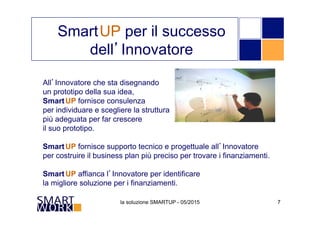 la soluzione SMARTUP - 05/2015 7
All’Innovatore che sta disegnando
un prototipo della sua idea,
SmartUP fornisce consulenza
per individuare e scegliere la struttura
più adeguata per far crescere
il suo prototipo.
SmartUP fornisce supporto tecnico e progettuale all’Innovatore
per costruire il business plan più preciso per trovare i finanziamenti.
SmartUP affianca l’Innovatore per identificare
la migliore soluzione per i finanziamenti.
SmartUP per il successo
dell’Innovatore
 