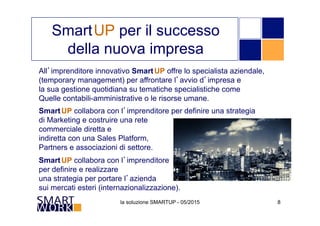 la soluzione SMARTUP - 05/2015 8
All’imprenditore innovativo SmartUP offre lo specialista aziendale,
(temporary management) per affrontare l’avvio d’impresa e
la sua gestione quotidiana su tematiche specialistiche come
Quelle contabili-amministrative o le risorse umane.
SmartUP collabora con l’imprenditore per definire una strategia
di Marketing e costruire una rete
commerciale diretta e
indiretta con una Sales Platform,
Partners e associazioni di settore.
SmartUP collabora con l’imprenditore
per definire e realizzare
una strategia per portare l’azienda
sui mercati esteri (internazionalizzazione).
SmartUP per il successo
della nuova impresa
 