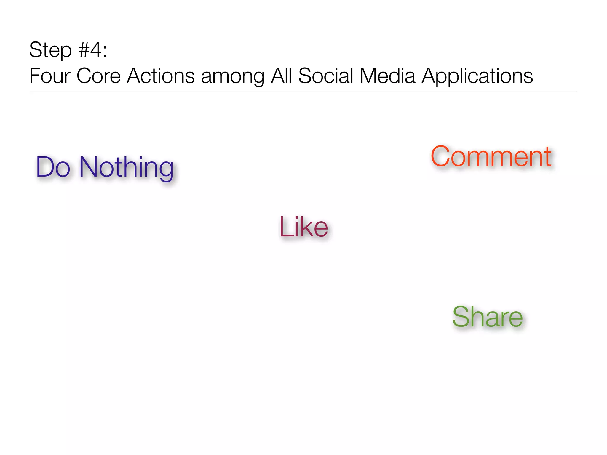 Step #4:
Four Core Actions among All Social Media Applications



Do Nothing                                Comment

                          Like


                                            Share
 